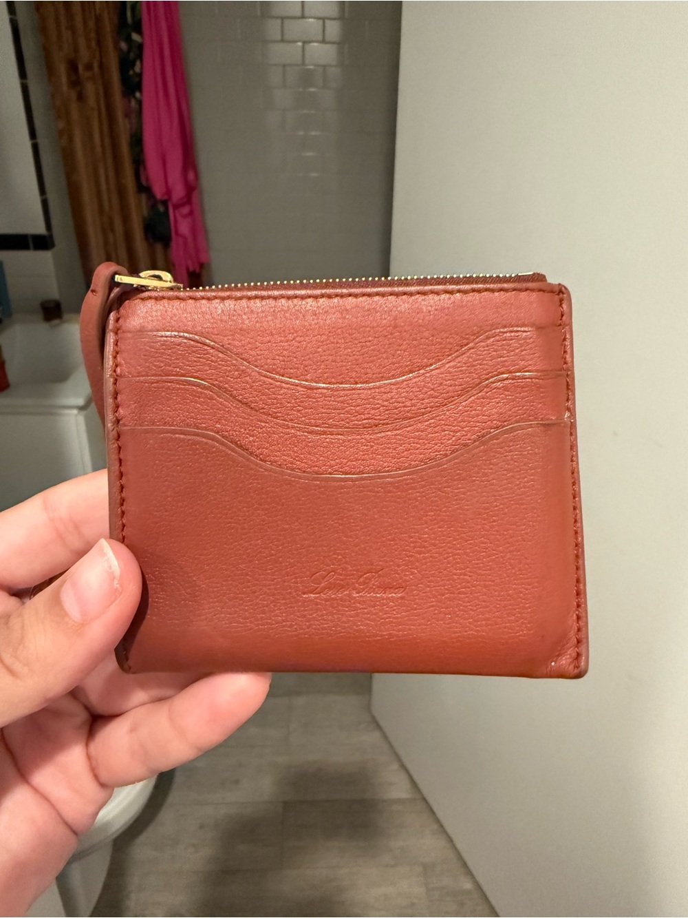 Loro Piana Rust Brown Leather Card Wallet with Gold Zipper